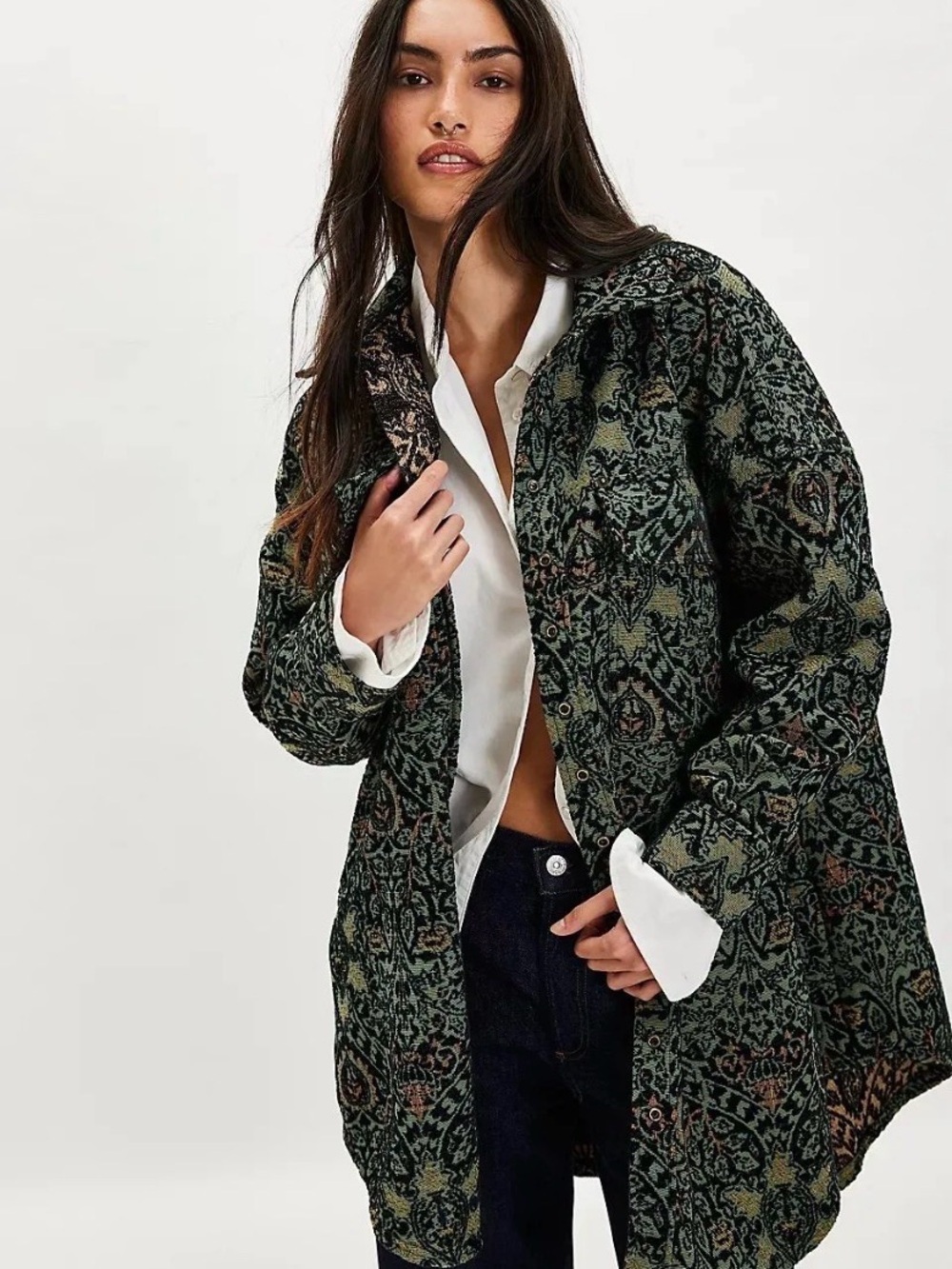 Free People WTF RETAIL $198 Tapestry Fog Jacquard Shirt Blue Green Combo S